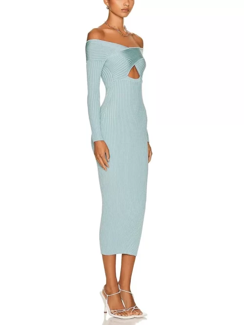 Knitting Temperament Dresses For Women Slash Neck Long Sleeve High Waist Minimalist Slimming Dress Female Clothing - Image 2