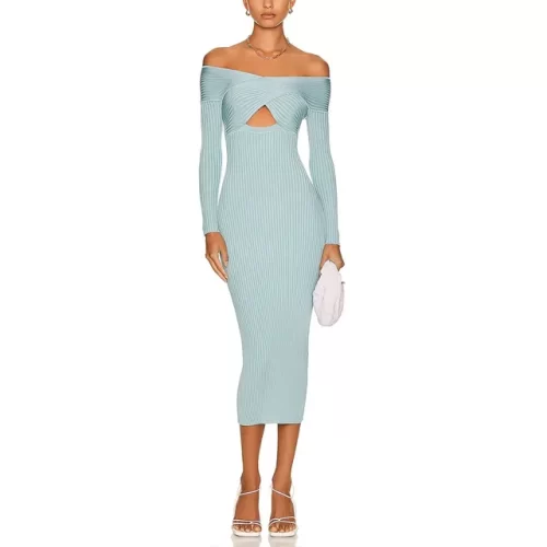 Knitting Temperament Dresses For Women Slash Neck Long Sleeve High Waist Minimalist Slimming Dress Female Clothing - Image 7