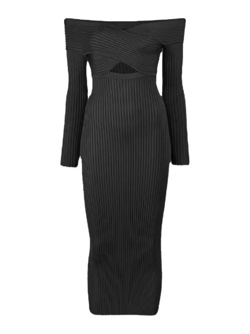 Knitting Temperament Dresses For Women Slash Neck Long Sleeve High Waist Minimalist Slimming Dress Female Clothing - Image 4