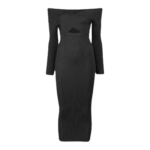 Knitting Temperament Dresses For Women Slash Neck Long Sleeve High Waist Minimalist Slimming Dress Female Clothing - Image 6