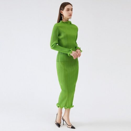 Miyake Pleated  Spring Autumn Green Skirt Two piece Sets Elegant Casual Designer Clothes - Image 4