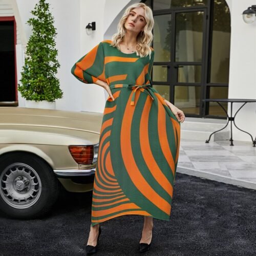 Fall Loose women pleated designer dress with Sashes orange stripes Bohemian dress high fashion aesthetic indie clothes - Image 3