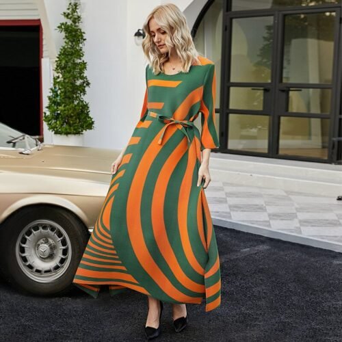 Fall Loose women pleated designer dress with Sashes orange stripes Bohemian dress high fashion aesthetic indie clothes - Image 4