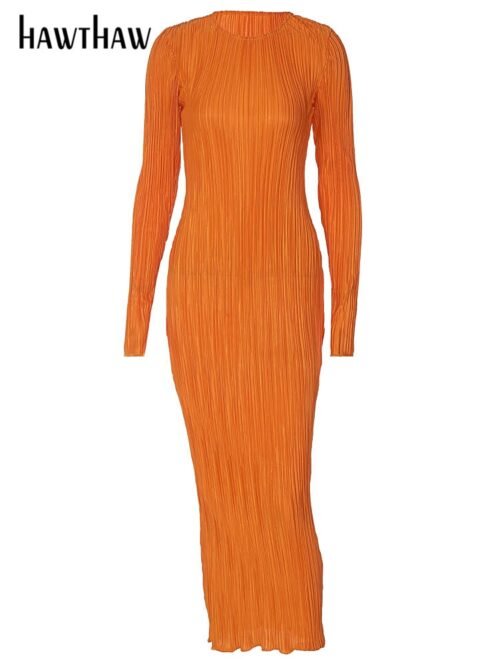Women Fashion Long Sleeve Streetwear Bodycon Orange Midi Dress  Autumn Clothes Wholesale Items For Business - Image 5