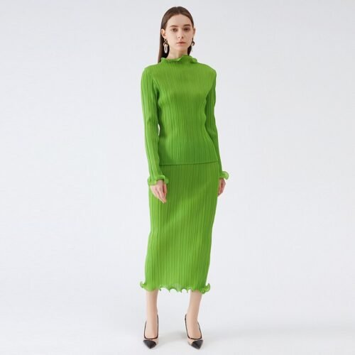Miyake Pleated  Spring Autumn Green Skirt Two piece Sets Elegant Casual Designer Clothes - Image 3