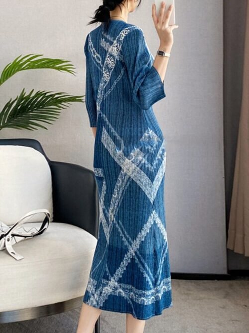 Fashion Mid-length Pleated Dress women Print Round Collar Three Quarter Sleeve Loose Female Clothes - Image 4