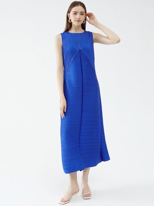 Long Pleated Holiday Dress Sleeveless O Neck Solid Color Loose Patchwork Summer New A-line Women's Clothes