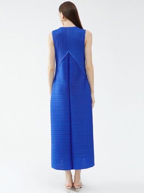 Long Pleated Holiday Dress Sleeveless O Neck Solid Color Loose Patchwork Summer New A-line Women's Clothes - Image 3