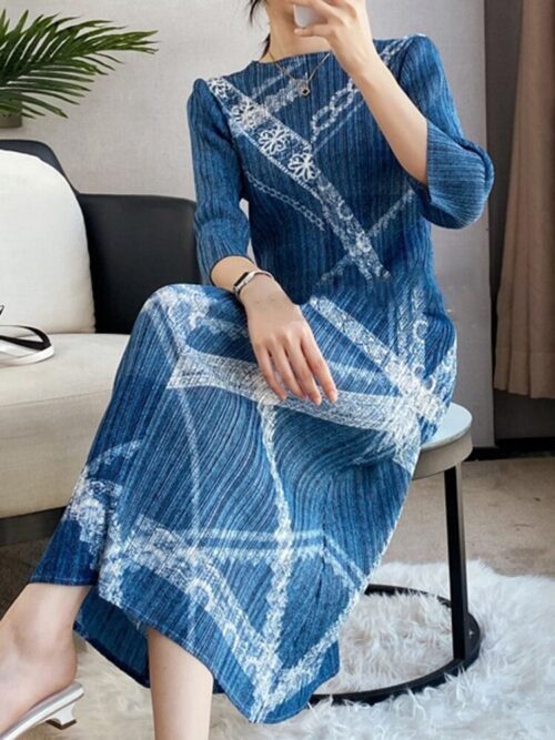 Fashion Mid-length Pleated Dress women Print Round Collar Three Quarter Sleeve Loose Female Clothes - Image 2