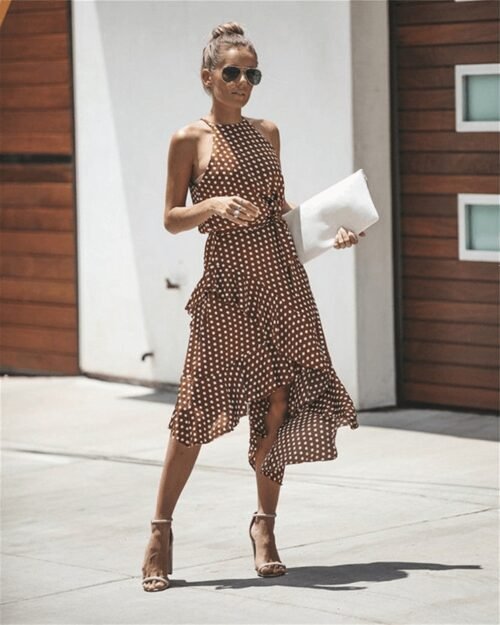 Sleeveless High Waist Casual Dress Summer  Dot Print Women Ruffles Dress Loose Elegant Lace Up Women Clothes Sexy Dresses - Image 2
