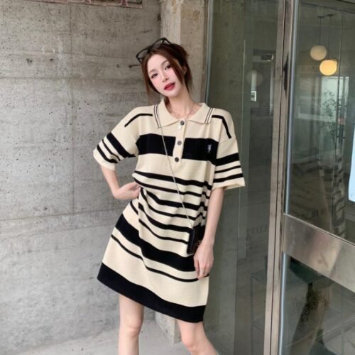 Knite Clothes For Lady Solid Korean Casual Loose Short Sleeve Long Tshirt Dress - Image 3