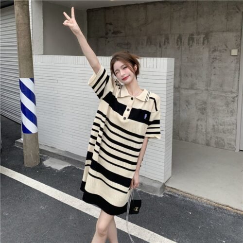 Knite Clothes For Lady Solid Korean Casual Loose Short Sleeve Long Tshirt Dress - Image 2