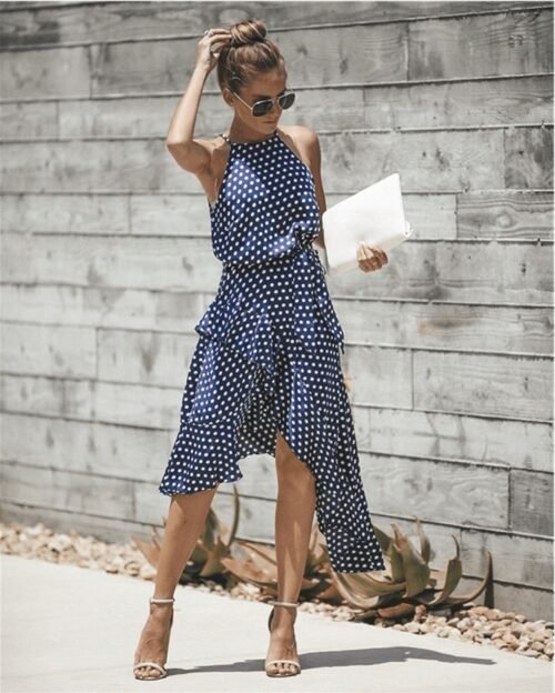 Sleeveless High Waist Casual Dress Summer  Dot Print Women Ruffles Dress Loose Elegant Lace Up Women Clothes Sexy Dresses - Image 4