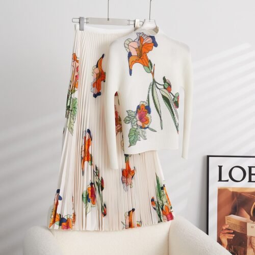 2 Pieces Skirt Set O-neck Long Sleeves Slim Tops High Elastic Waist Loose Skirts Female Clothes - Image 4