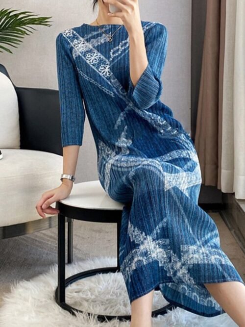 Fashion Mid-length Pleated Dress women Print Round Collar Three Quarter Sleeve Loose Female Clothes - Image 5