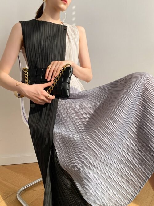 Patchwork Pleated Sleeveless Dress For Women 2023 Summer Color Block Irregular Dresses Female Elegant Clothes - Image 4