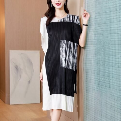 Print Loose Knee Length Dress Women Summer Round Neck Elegant Casual Split Dresses for Female New Clothes - Image 2