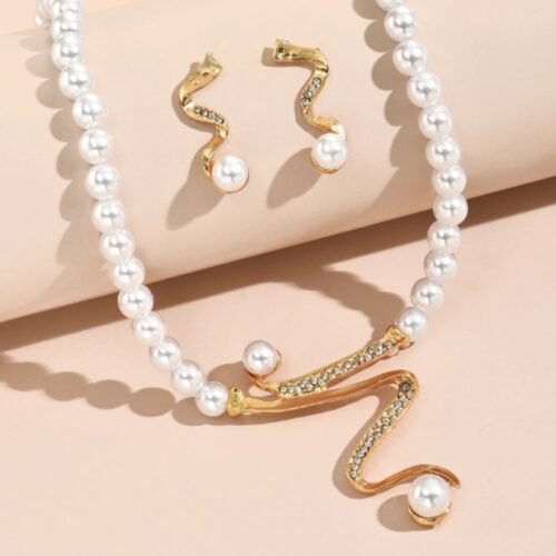 Pearl Necklace with Diamond Bridal Jewelry Set Earring Pendant Two Piece Set Personalized Temperament Imitation Pearl Combination - Image 3