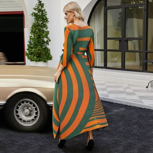 Fall Loose women pleated designer dress with Sashes orange stripes Bohemian dress high fashion aesthetic indie clothes - Image 2