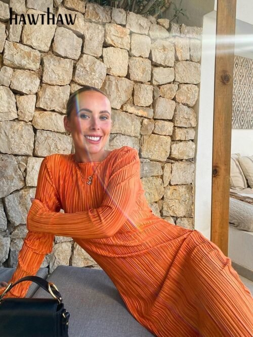 Women Fashion Long Sleeve Streetwear Bodycon Orange Midi Dress  Autumn Clothes Wholesale Items For Business - Image 4