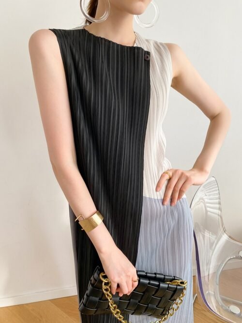 Patchwork Pleated Sleeveless Dress For Women 2023 Summer Color Block Irregular Dresses Female Elegant Clothes - Image 3