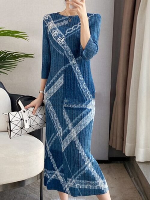 Fashion Mid-length Pleated Dress women Print Round Collar Three Quarter Sleeve Loose Female Clothes - Image 3