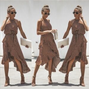 Sleeveless High Waist Casual Dress Summer  Dot Print Women Ruffles Dress Loose Elegant Lace Up Women Clothes Sexy Dresses