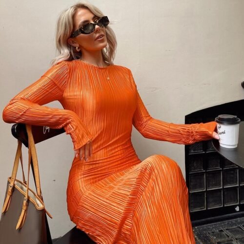Women Fashion Long Sleeve Streetwear Bodycon Orange Midi Dress  Autumn Clothes Wholesale Items For Business - Image 13