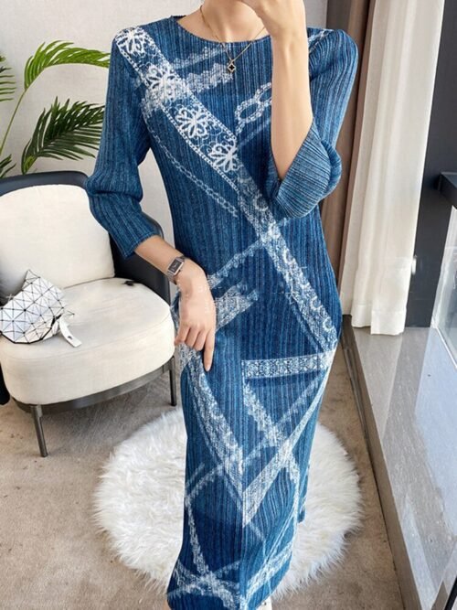 Fashion Mid-length Pleated Dress women Print Round Collar Three Quarter Sleeve Loose Female Clothes - Image 6