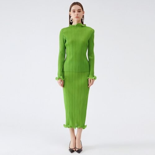 Miyake Pleated  Spring Autumn Green Skirt Two piece Sets Elegant Casual Designer Clothes - Image 8