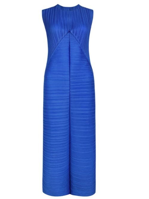 Long Pleated Holiday Dress Sleeveless O Neck Solid Color Loose Patchwork Summer New A-line Women's Clothes - Image 4