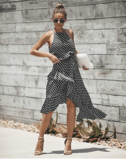 Sleeveless High Waist Casual Dress Summer  Dot Print Women Ruffles Dress Loose Elegant Lace Up Women Clothes Sexy Dresses - Image 3