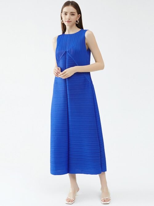 Long Pleated Holiday Dress Sleeveless O Neck Solid Color Loose Patchwork Summer New A-line Women's Clothes - Image 2
