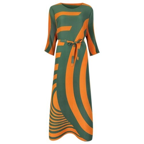 Fall Loose women pleated designer dress with Sashes orange stripes Bohemian dress high fashion aesthetic indie clothes - Image 7
