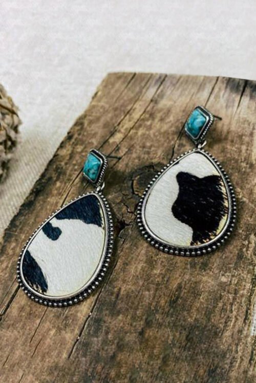 Black Cow Print Turquoise Drop Earrings - Image 3