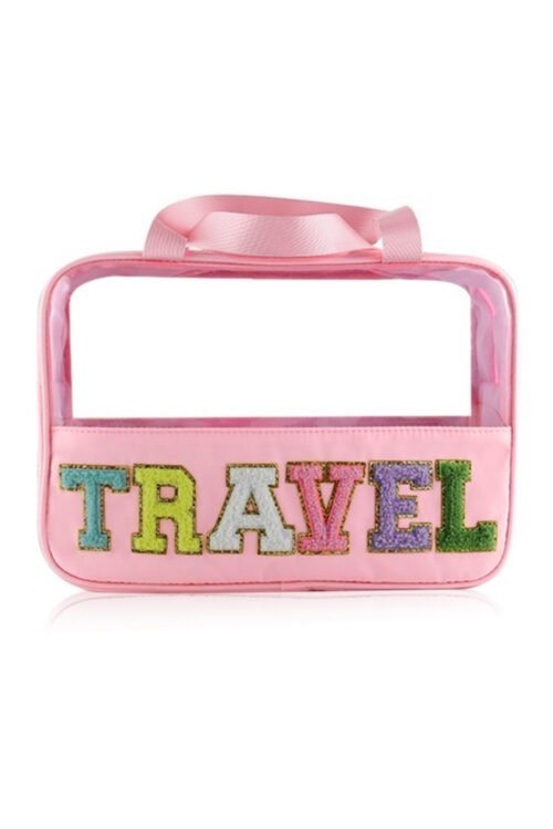 Light Pink TRAVEL Chenille Letter Clear PVC Makeup Bag - Image 5