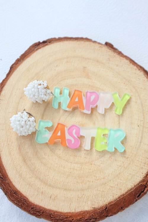 Pink Colorful HAPPY EASTER Drop Earrings - Image 3