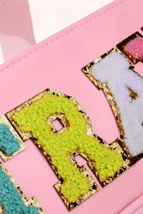 Light Pink TRAVEL Chenille Letter Clear PVC Makeup Bag - Image 4