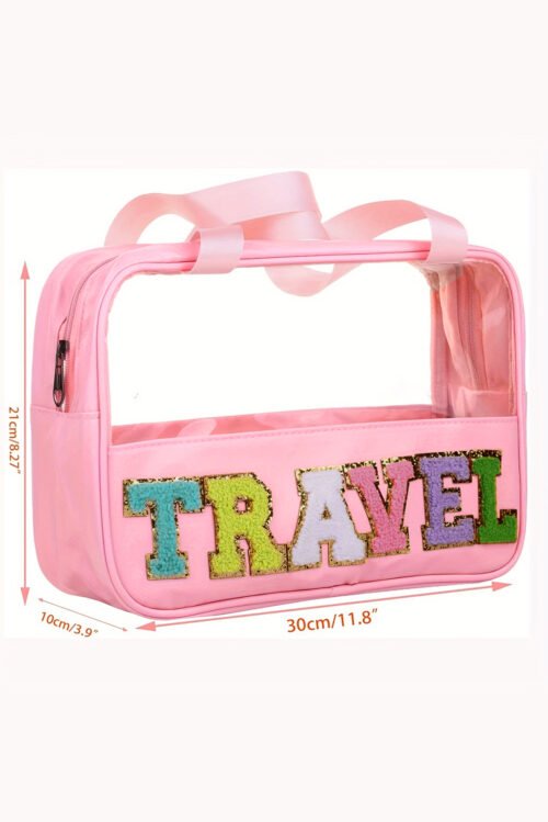 Light Pink TRAVEL Chenille Letter Clear PVC Makeup Bag - Image 7