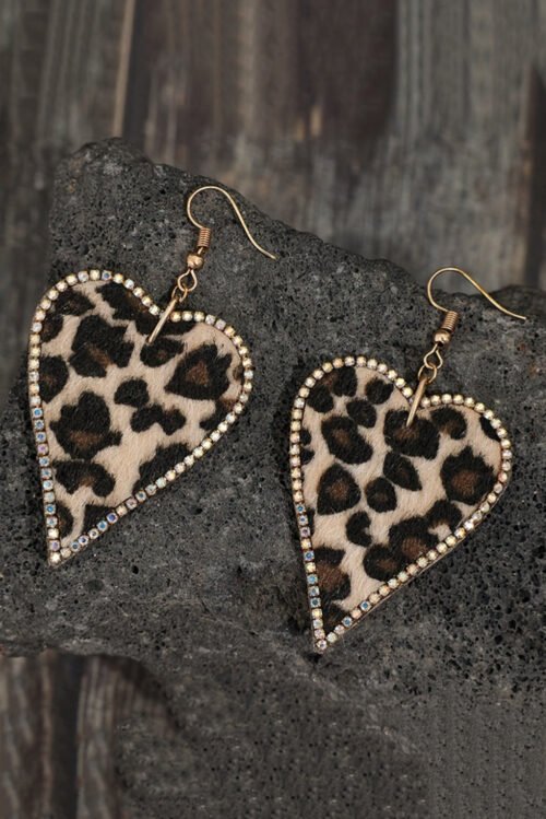 Multicolour Rhinestone Edge Leopard Print Heart Shape Earrings - Image 3