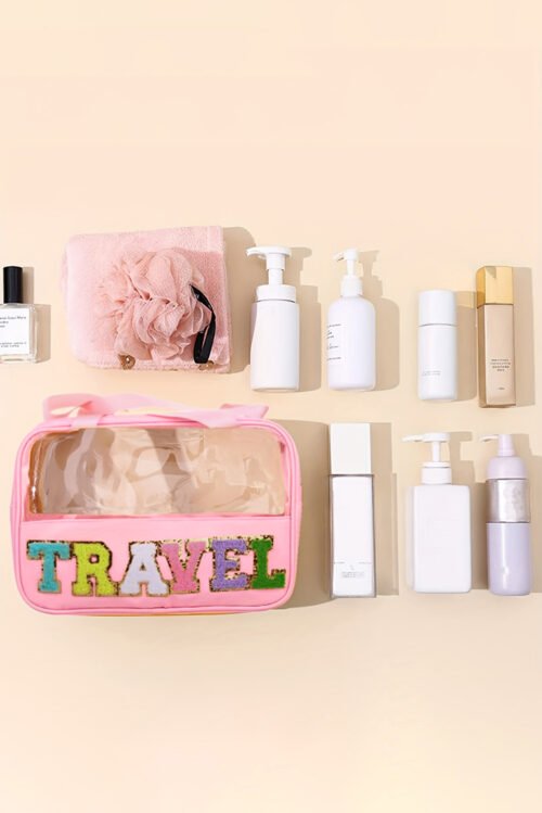 Light Pink TRAVEL Chenille Letter Clear PVC Makeup Bag - Image 3