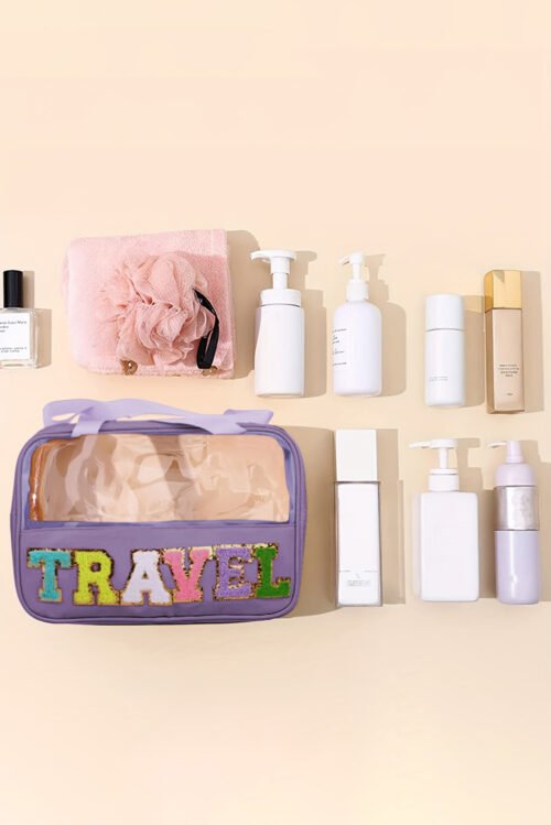 Purple TRAVEL Chenille Letter Clear PVC Makeup Bag - Image 3