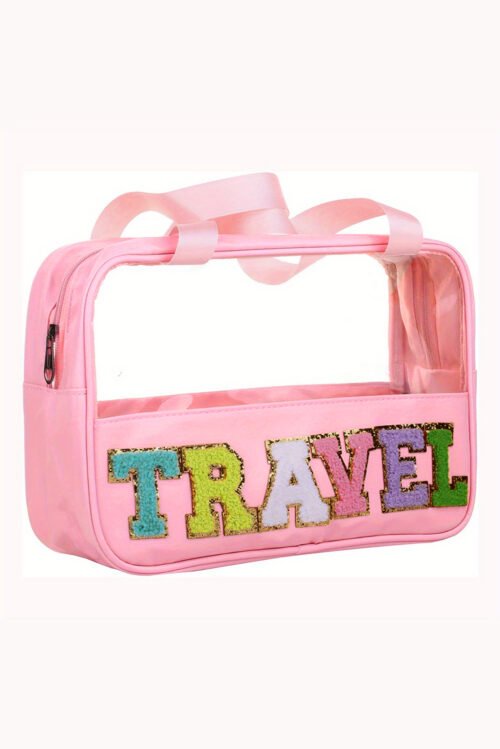 Light Pink TRAVEL Chenille Letter Clear PVC Makeup Bag - Image 6