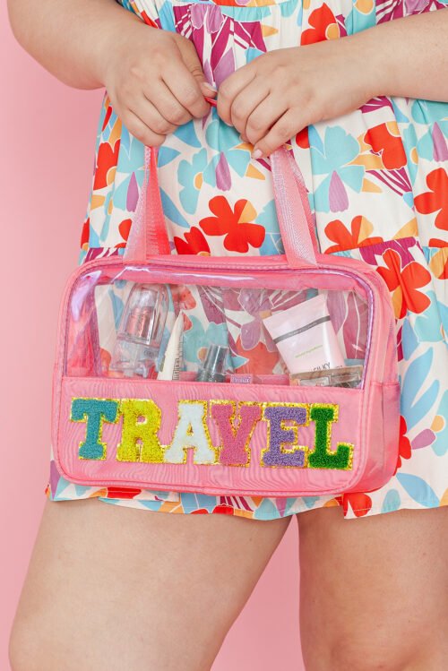 Light Pink TRAVEL Chenille Letter Clear PVC Makeup Bag - Image 15