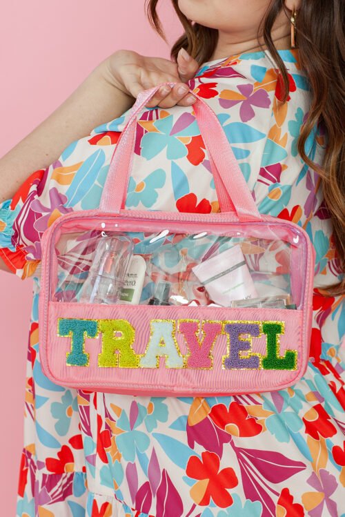 Light Pink TRAVEL Chenille Letter Clear PVC Makeup Bag - Image 14