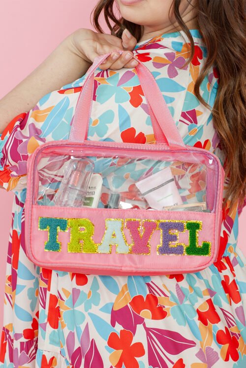 Light Pink TRAVEL Chenille Letter Clear PVC Makeup Bag - Image 13