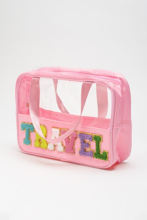 Light Pink TRAVEL Chenille Letter Clear PVC Makeup Bag - Image 12