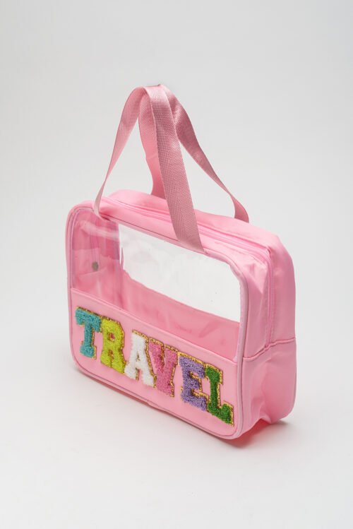 Light Pink TRAVEL Chenille Letter Clear PVC Makeup Bag - Image 10
