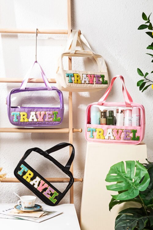 Light Pink TRAVEL Chenille Letter Clear PVC Makeup Bag - Image 18