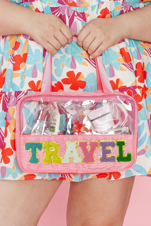 Light Pink TRAVEL Chenille Letter Clear PVC Makeup Bag - Image 16